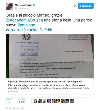 Matteo Renzi ringrazia il piccolo Matteo